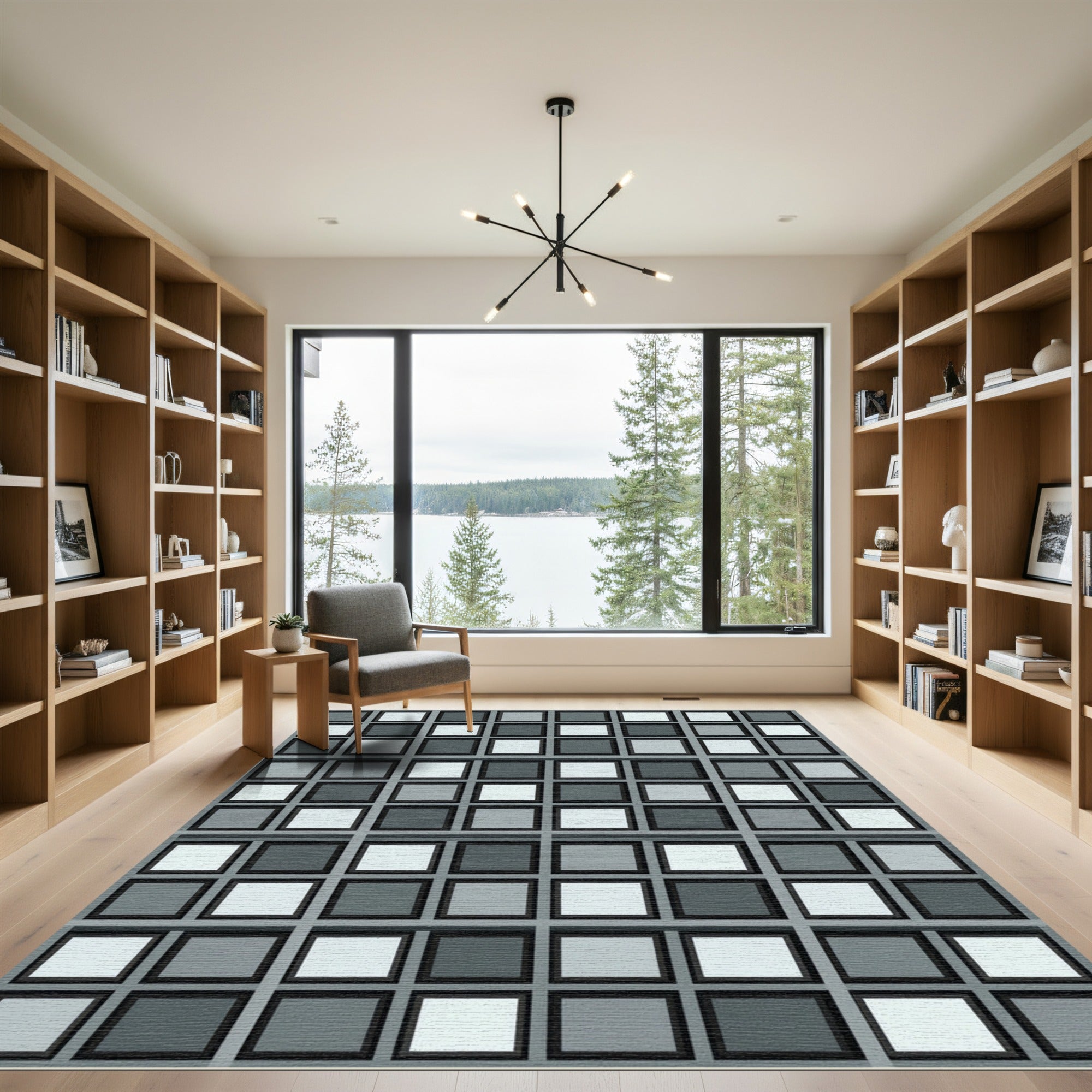 Modern Monochrome Grid Tile Square Rug