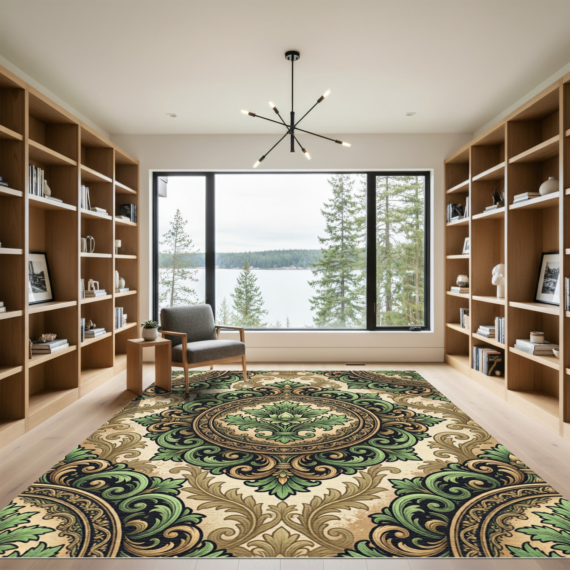 Green Leaf Scrollwork Medallion Rug