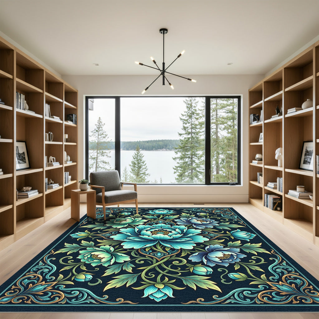 Teal Azure Peony Flourish Medallion Rug