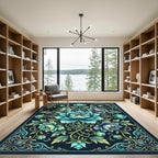 Teal Azure Peony Flourish Medallion Rug