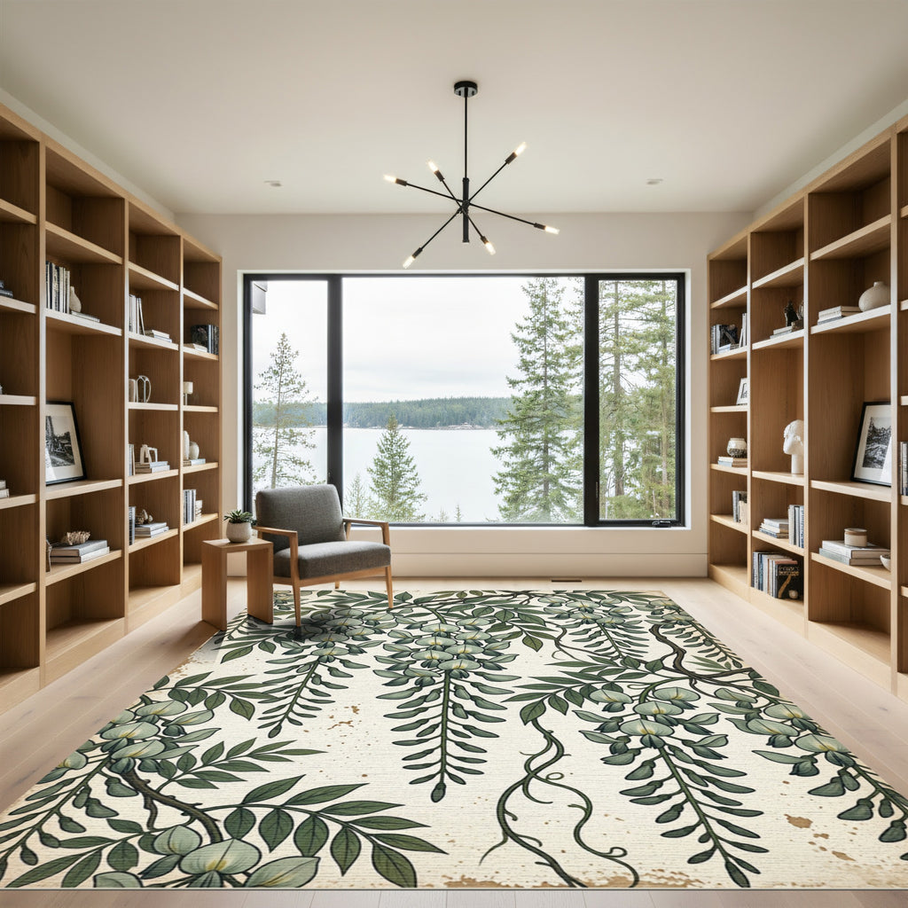 Cream Green Wisteria Floral Garland Rug