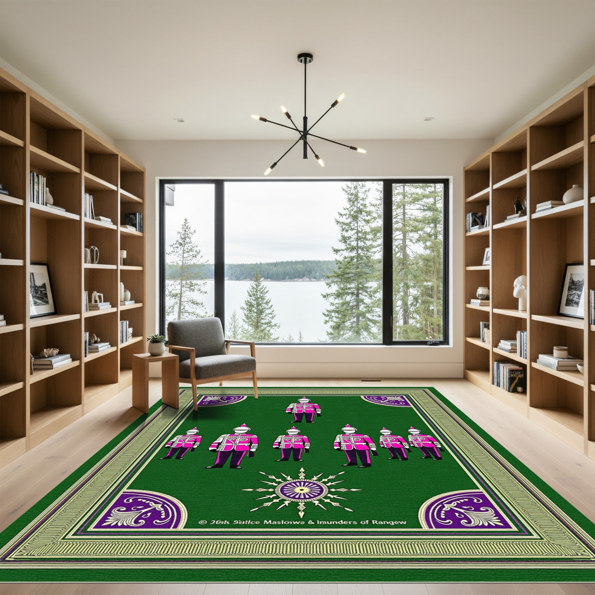 Fuschia Guard Soldiers Green Medallion Border Rug