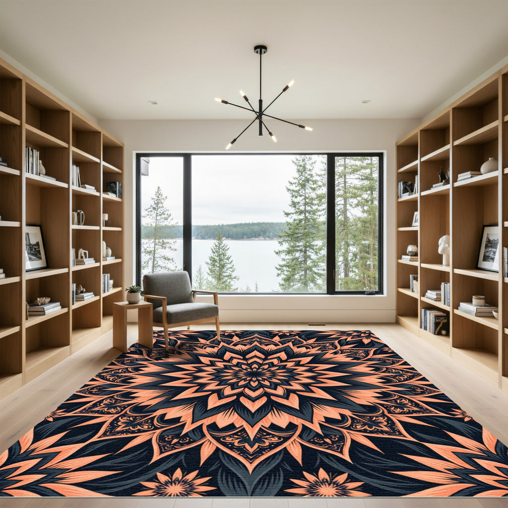 Floral Coral and Charcoal Mandala Rug