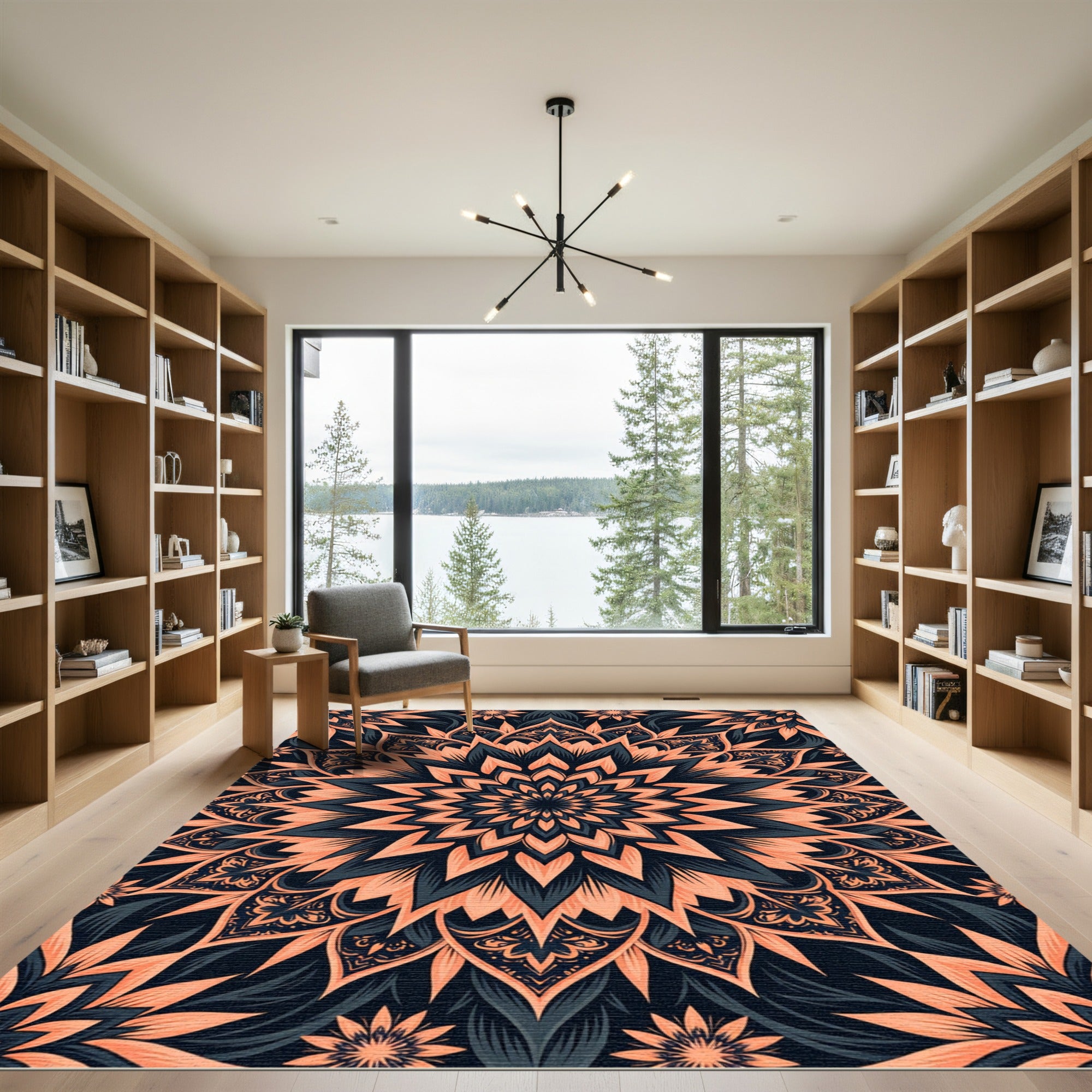 Floral Coral and Charcoal Mandala Rug