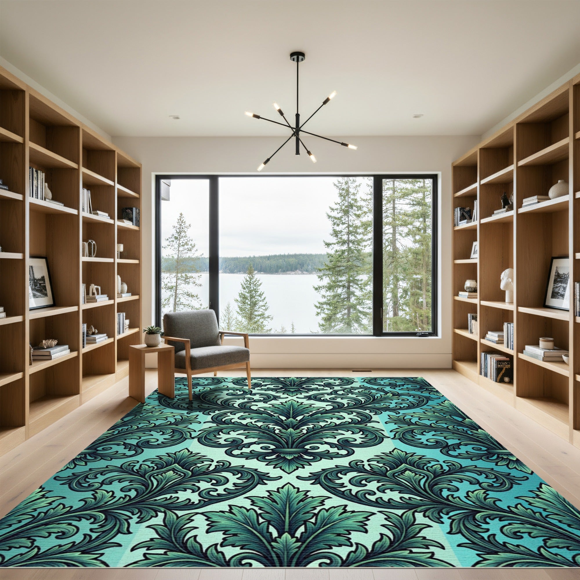 Elegant Teal Damask Scroll Filigree Rug