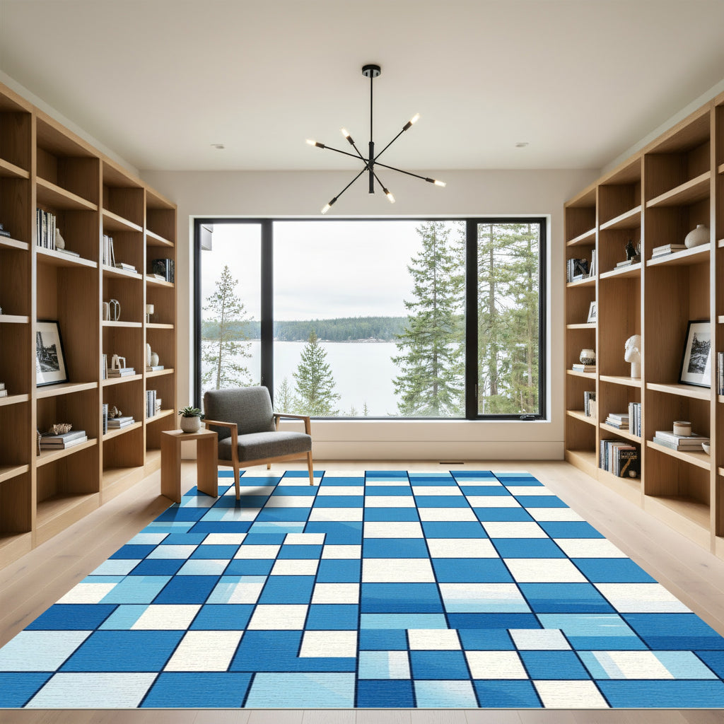 Abstract Blue White Geometric Grid Rug