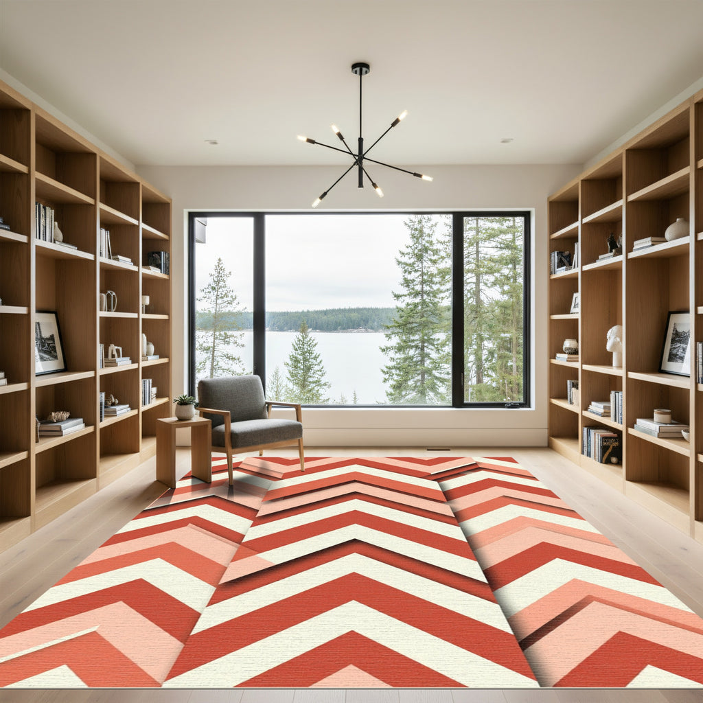 Coral Red Chevron Layered Rug