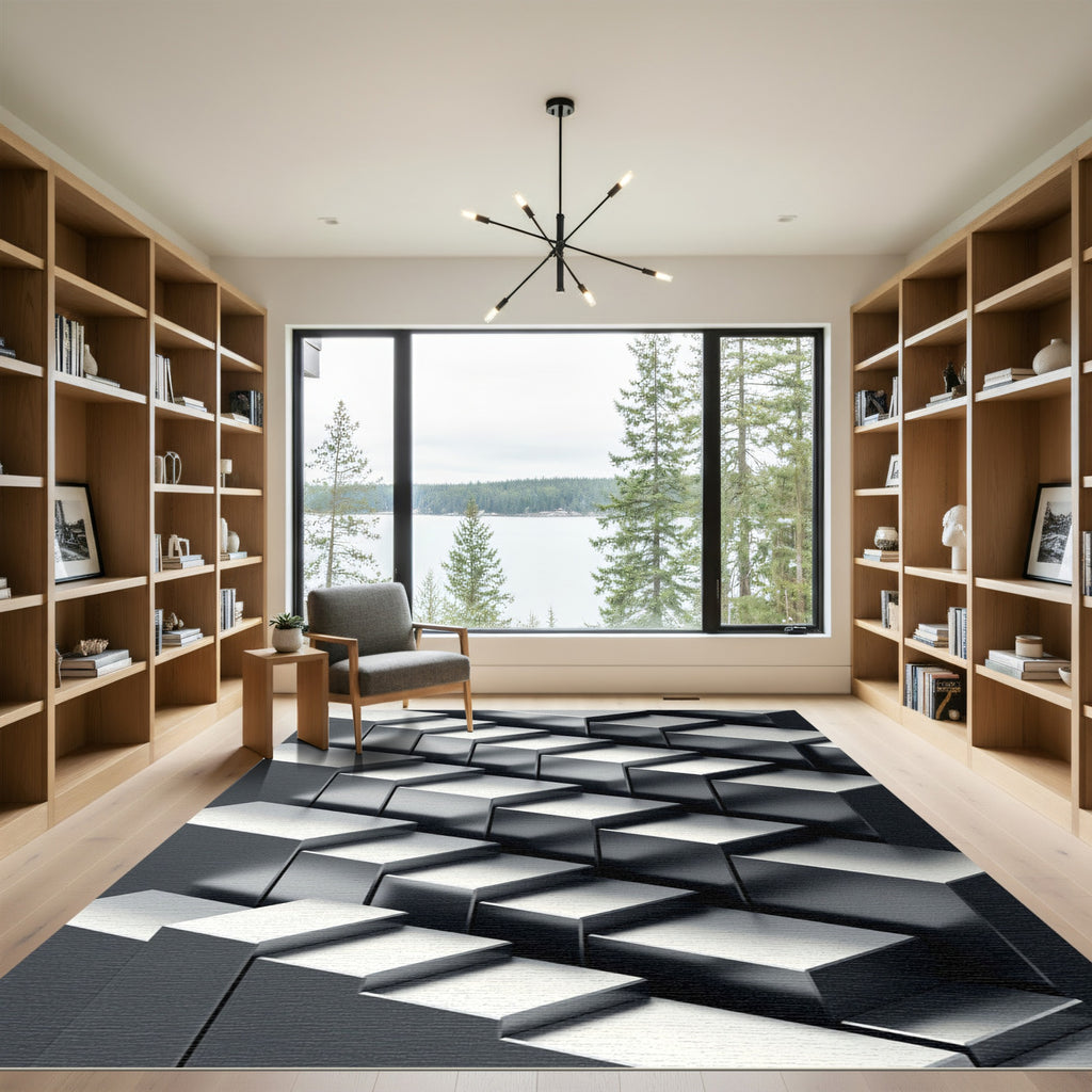 Monochromatic Metallic Geometric Block Art Rug