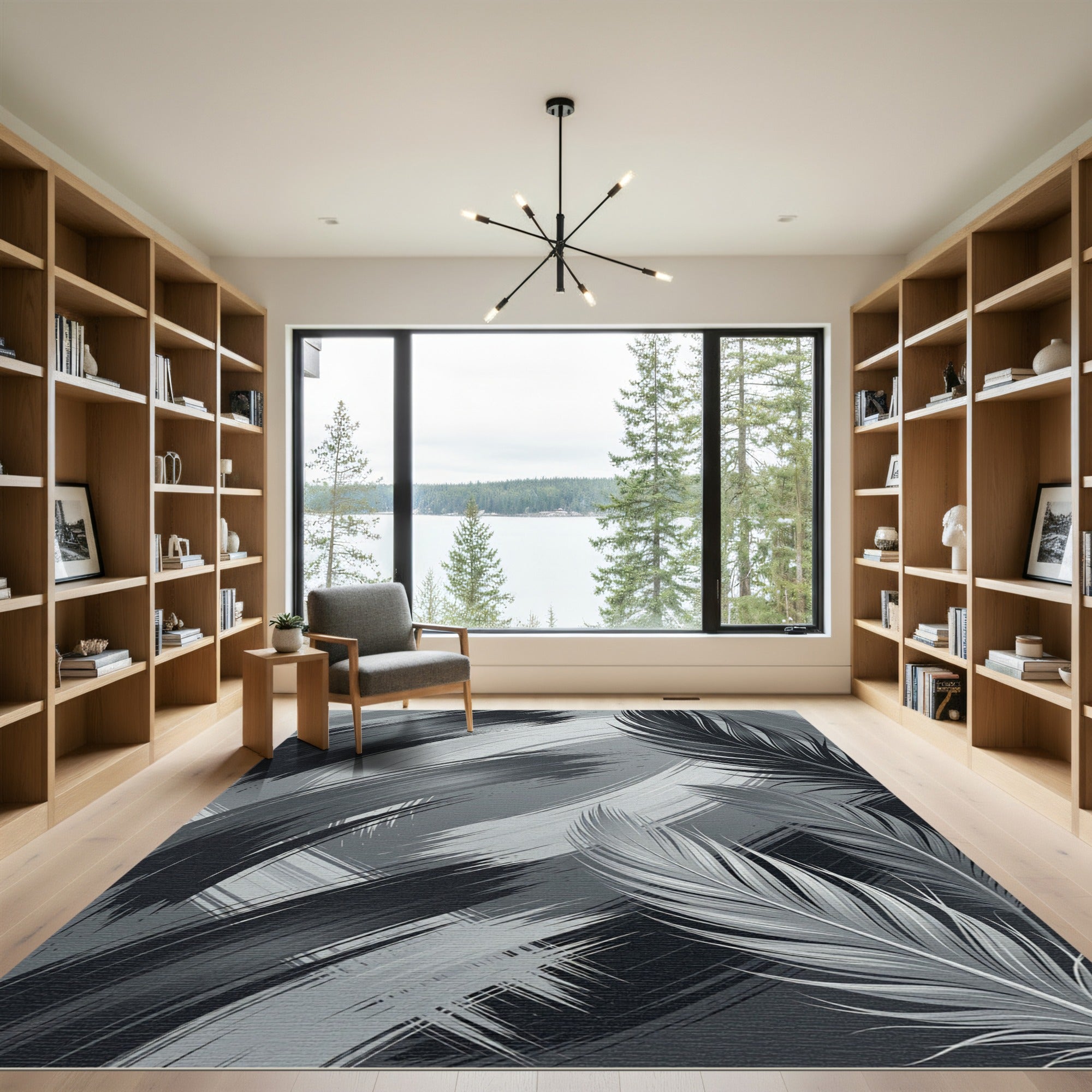 Drawn Feather Abstract Gray Rug