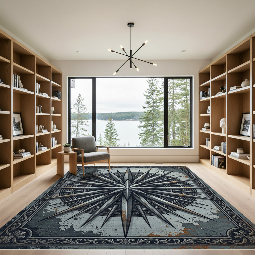 Metallic Steel Compass Star Medallion Rug