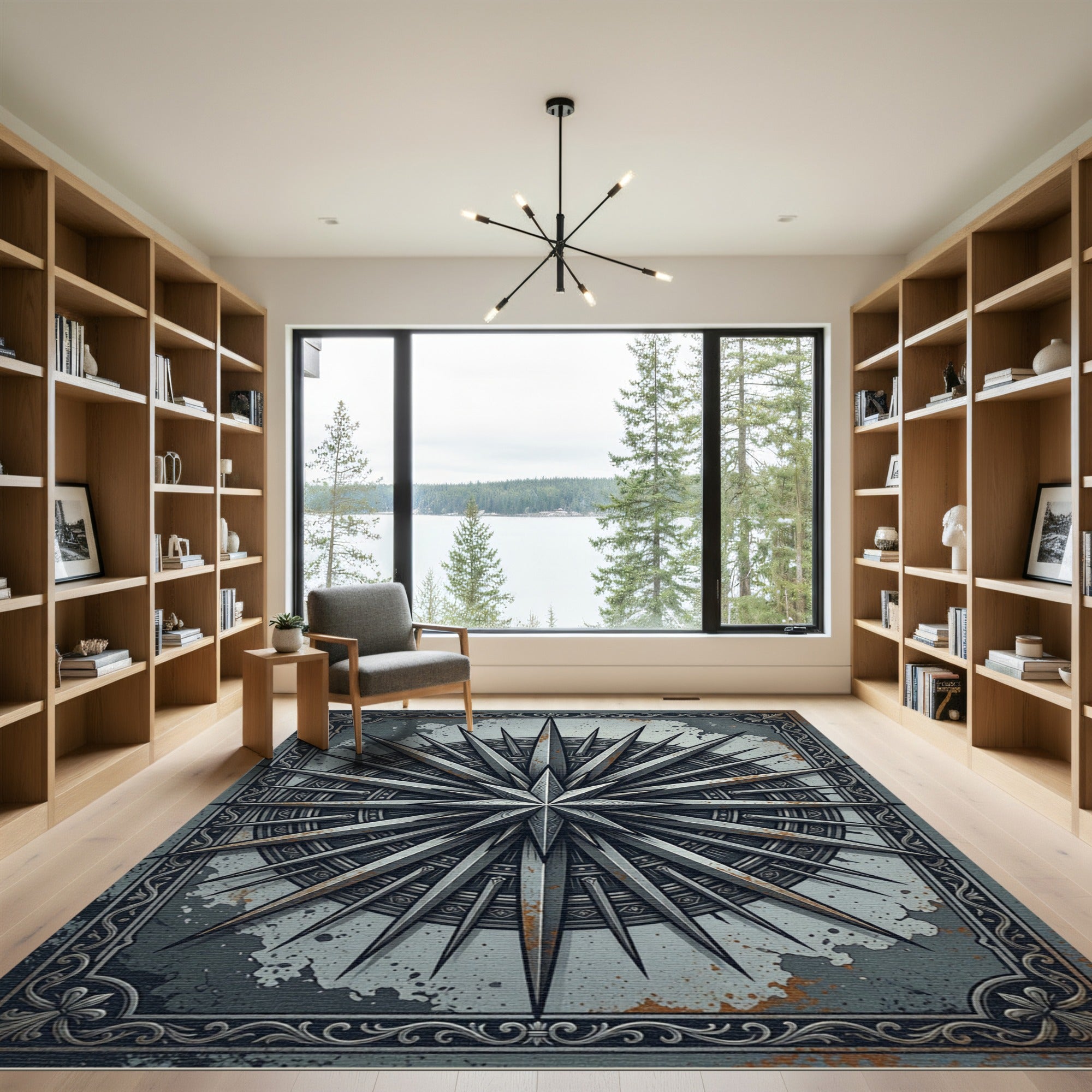 Metallic Steel Compass Star Medallion Rug