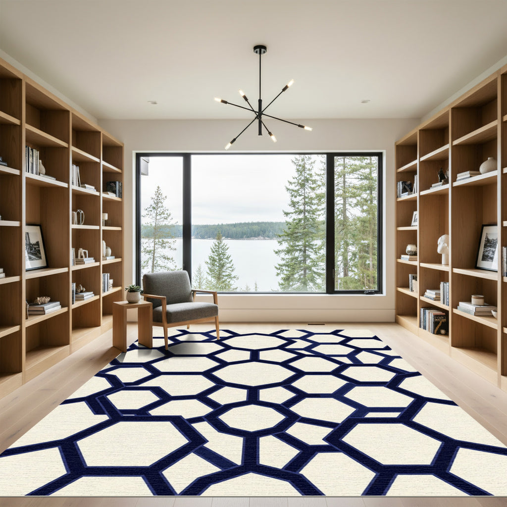 Navy Blue Geometric Hexagon Grid Rug