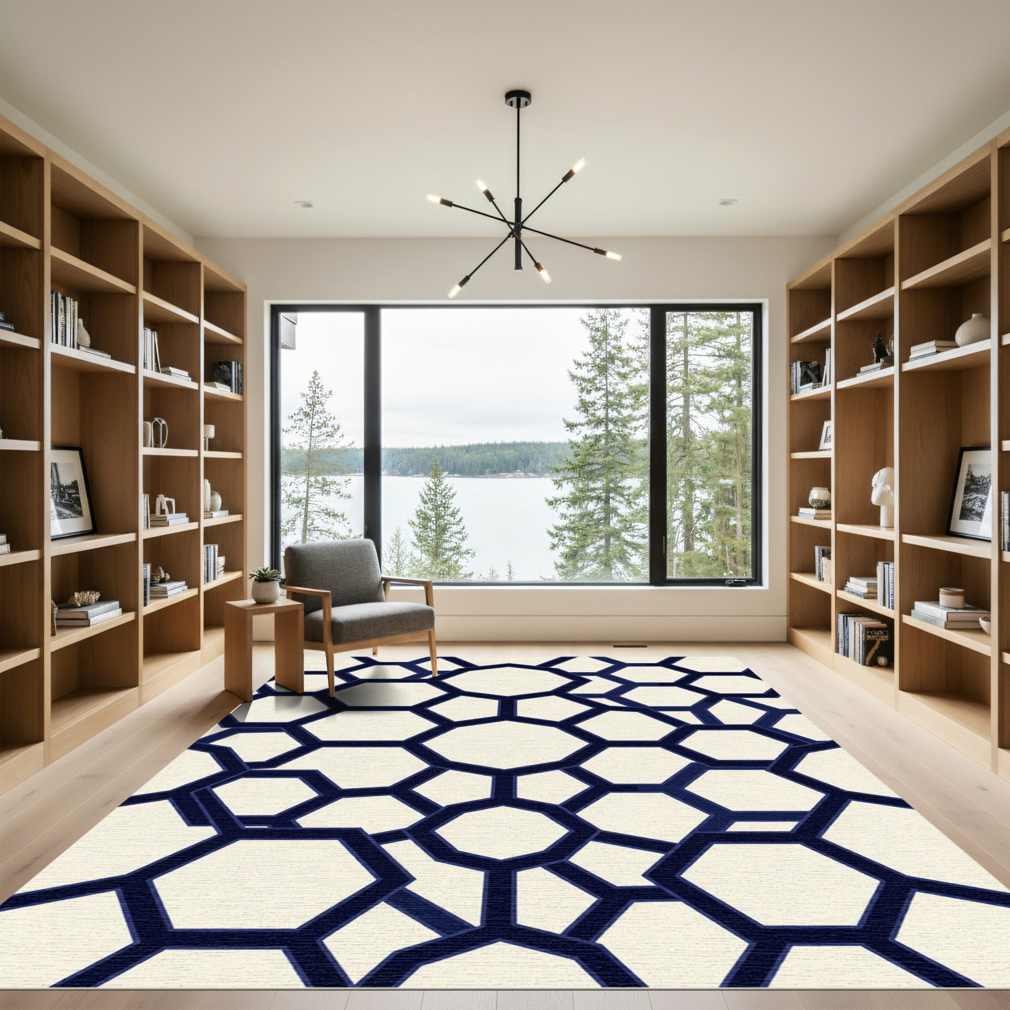 Navy Blue Geometric Hexagon Grid Rug