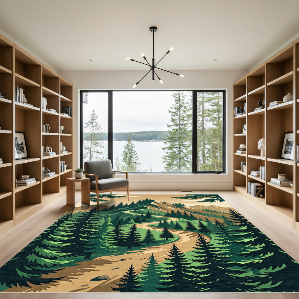 Winding Mountain Path Forest Landscape Rug