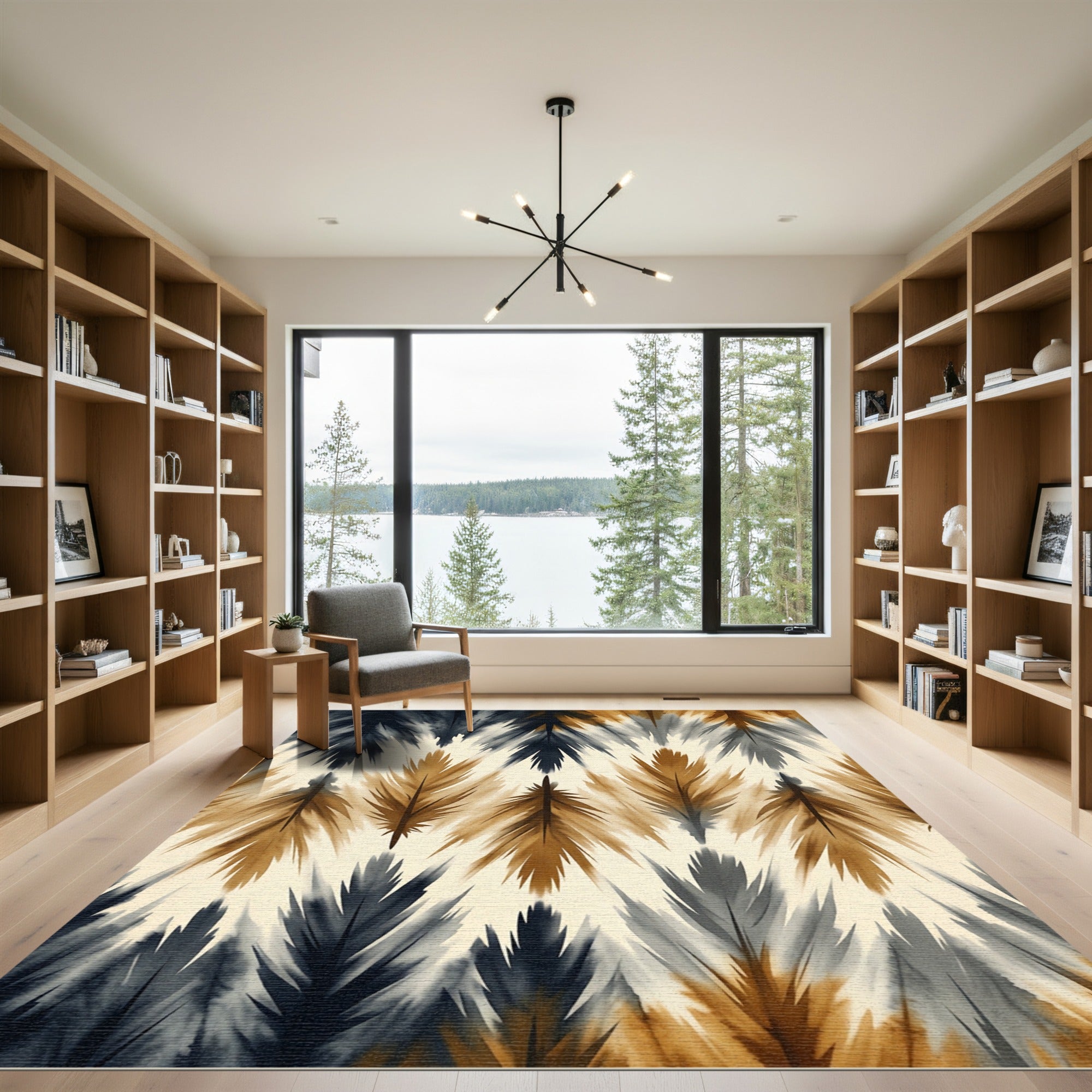 Abstract Ochre and Charcoal Feather Texture Rug