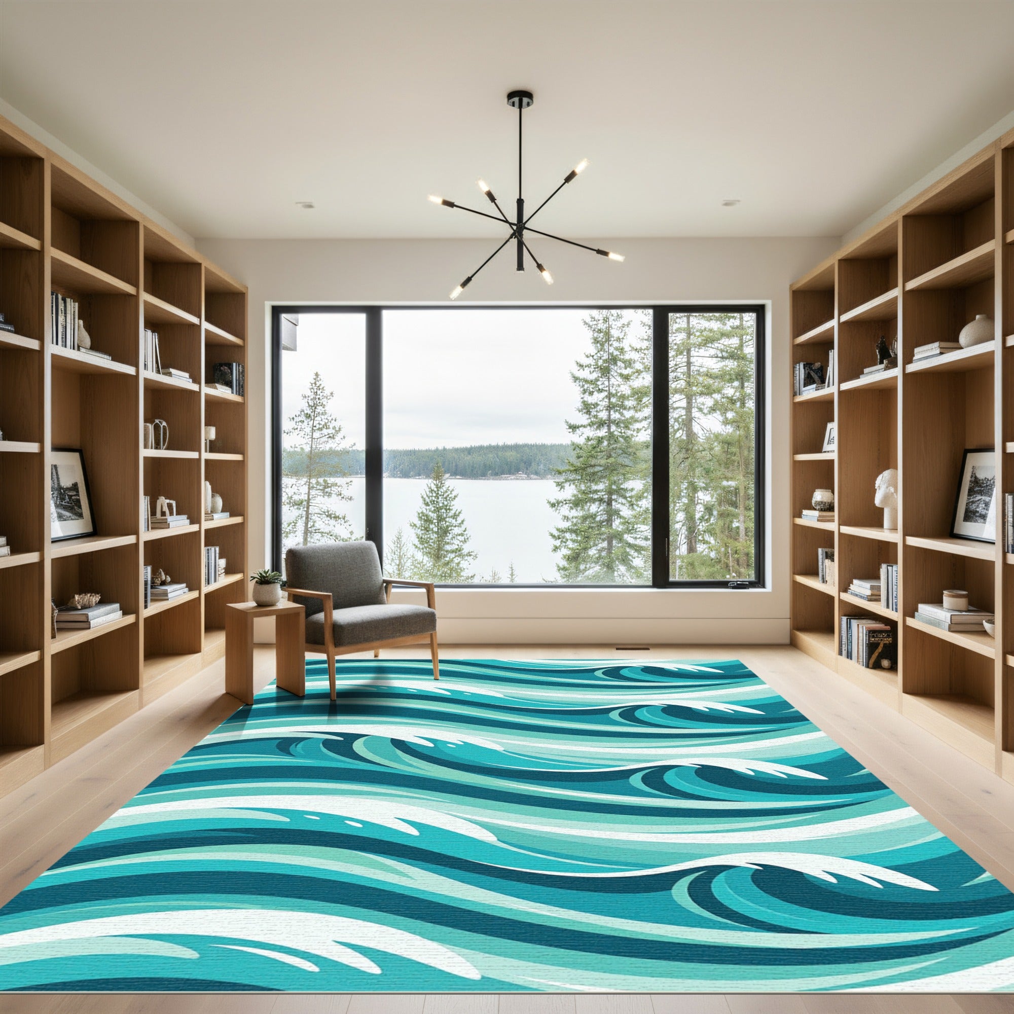 Contemporary Teal Oceanic Wave Swirl Rug