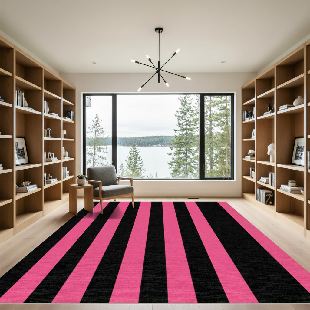 Bold Hot Pink Black Vertical Stripes Rug
