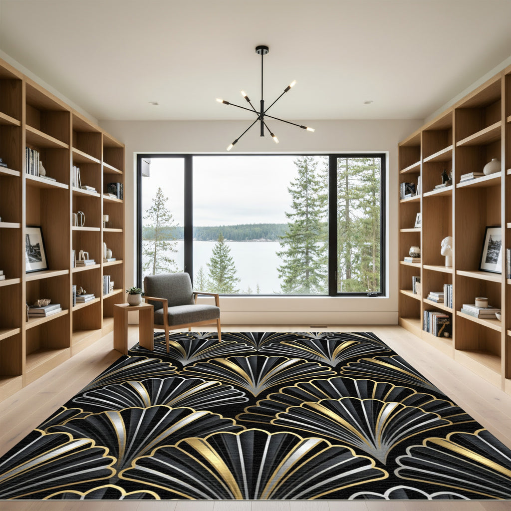 Art Deco Black Gold Silver Fan Rug