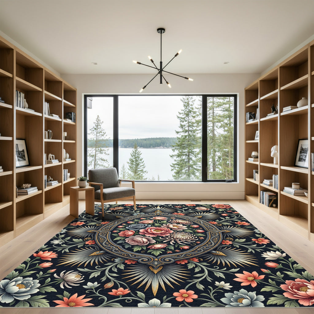 Dark Floral Blossom Medallion Imprint Rug