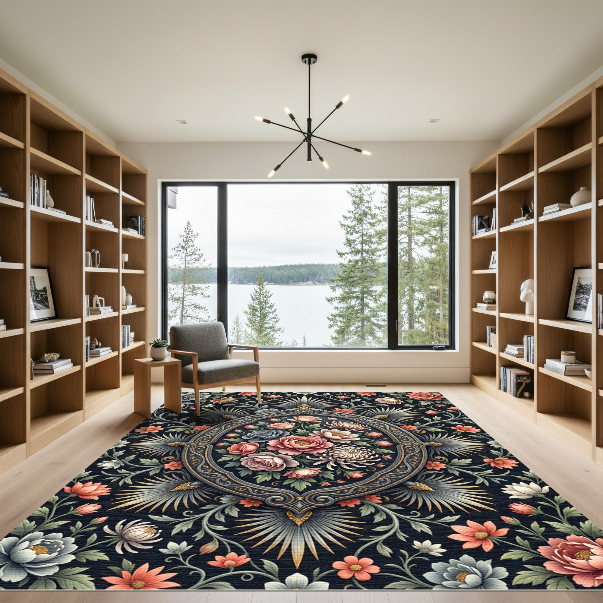 Dark Floral Blossom Medallion Imprint Rug