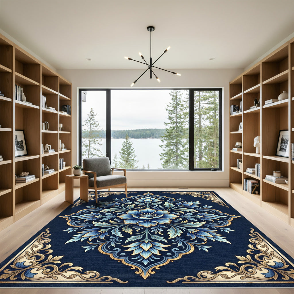 Ornate Blue Golden Bloom Symmetry Rug
