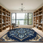 Ornate Blue Golden Bloom Symmetry Rug