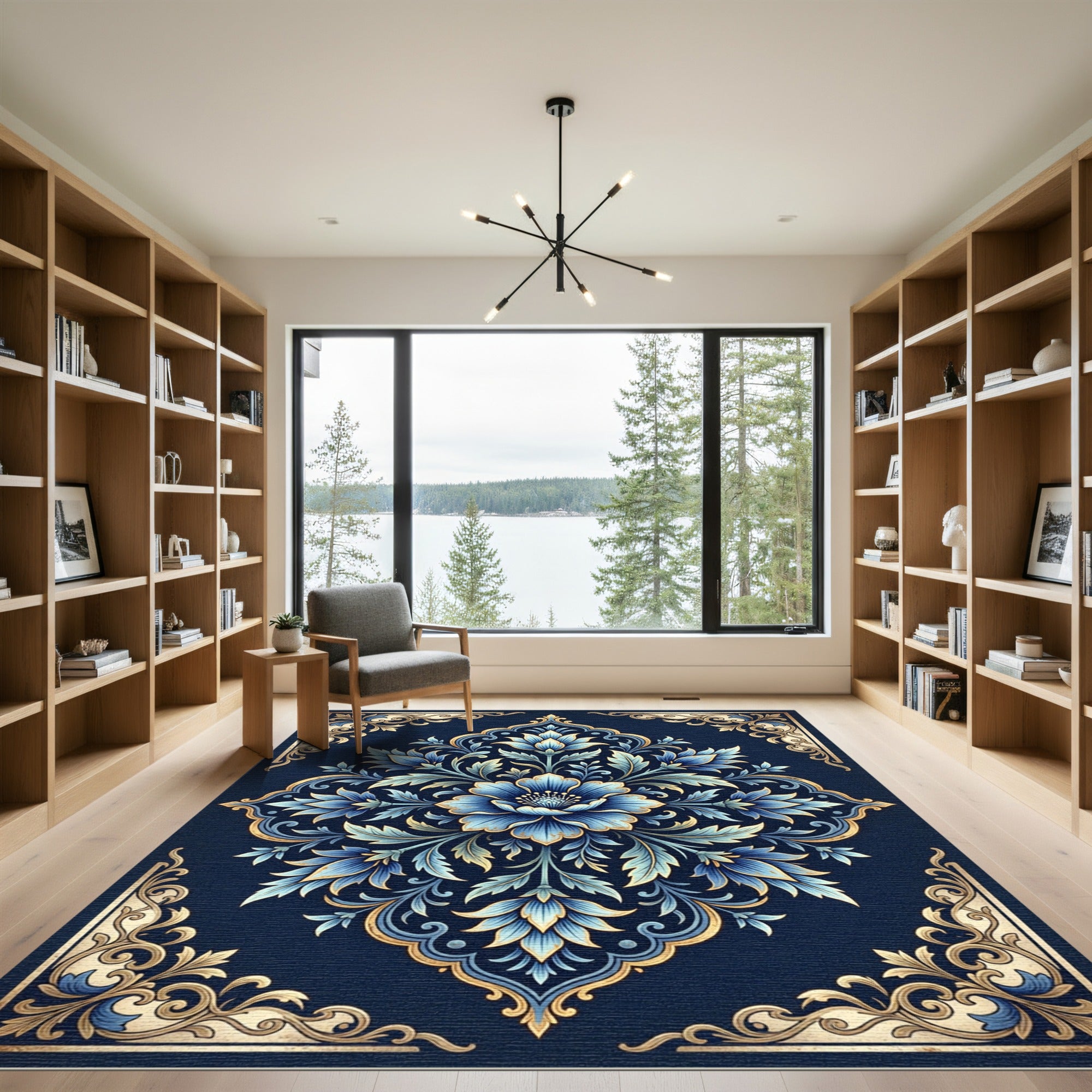 Ornate Blue Golden Bloom Symmetry Rug