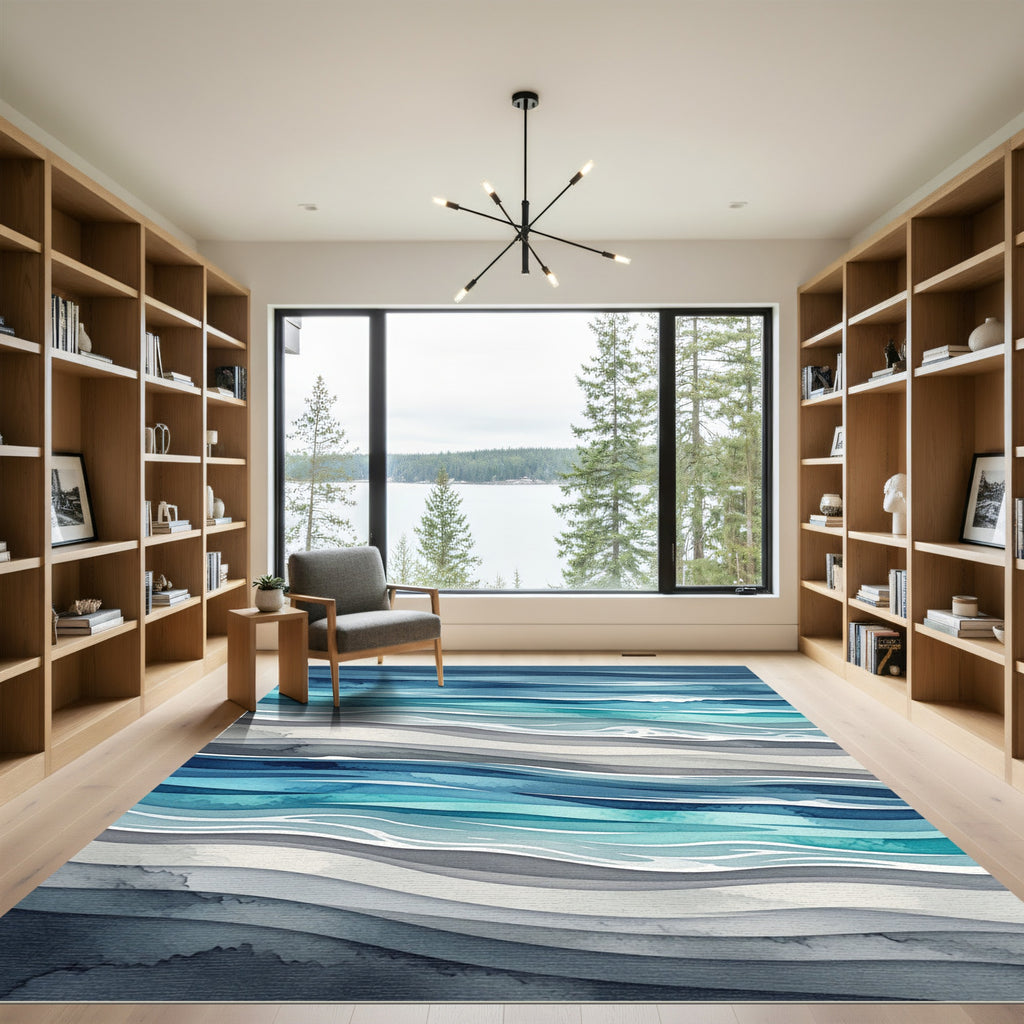 Serene Blue Wavy Ocean Abstract Rug