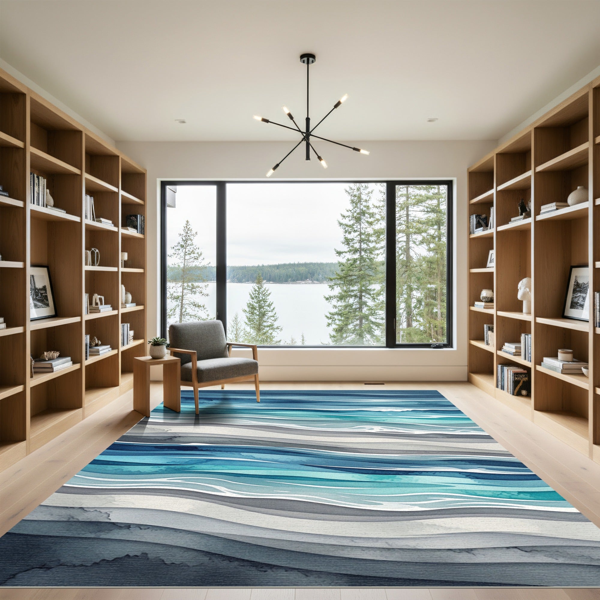Serene Blue Wavy Ocean Abstract Rug
