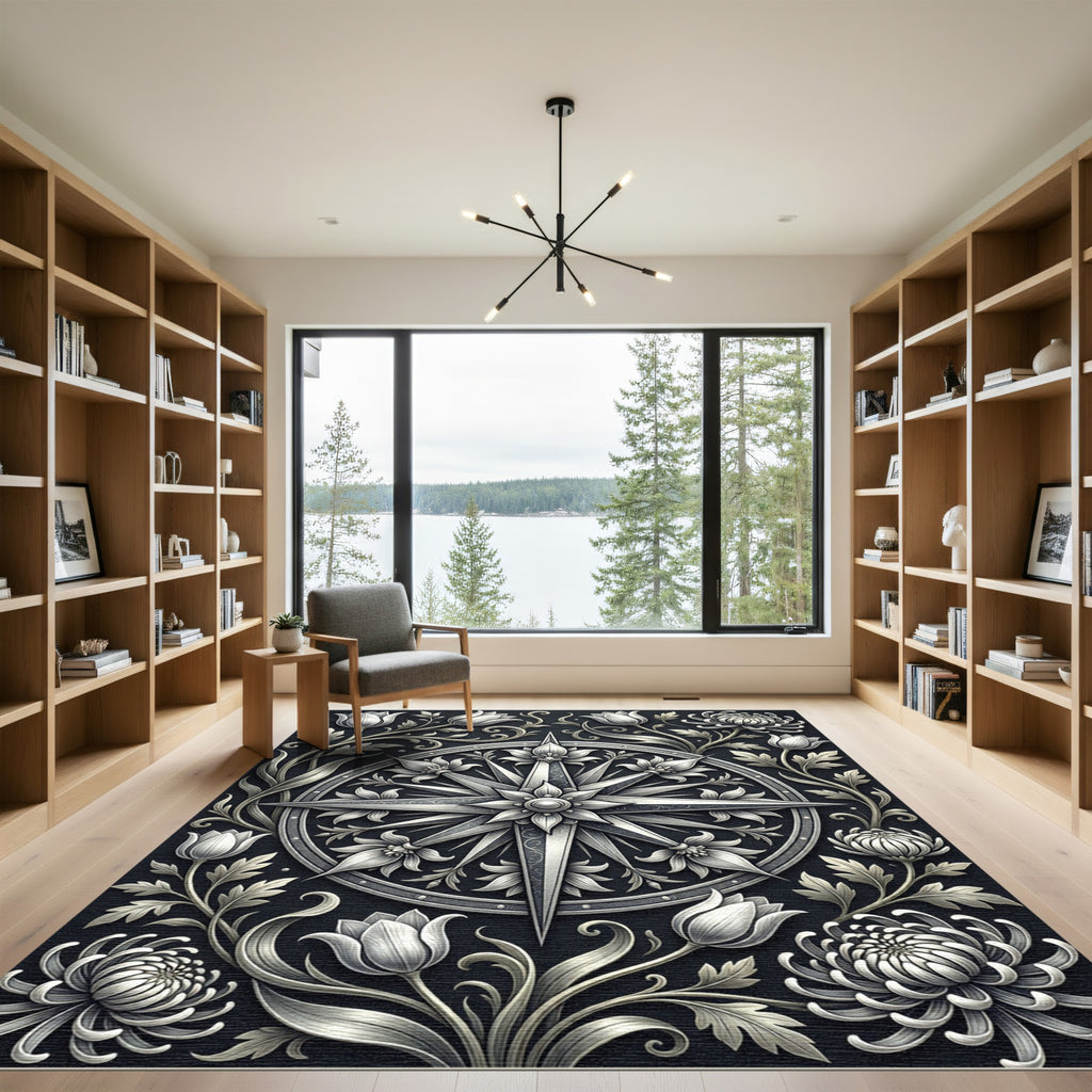 Classic Silver Compass Floral Embroidery Rug