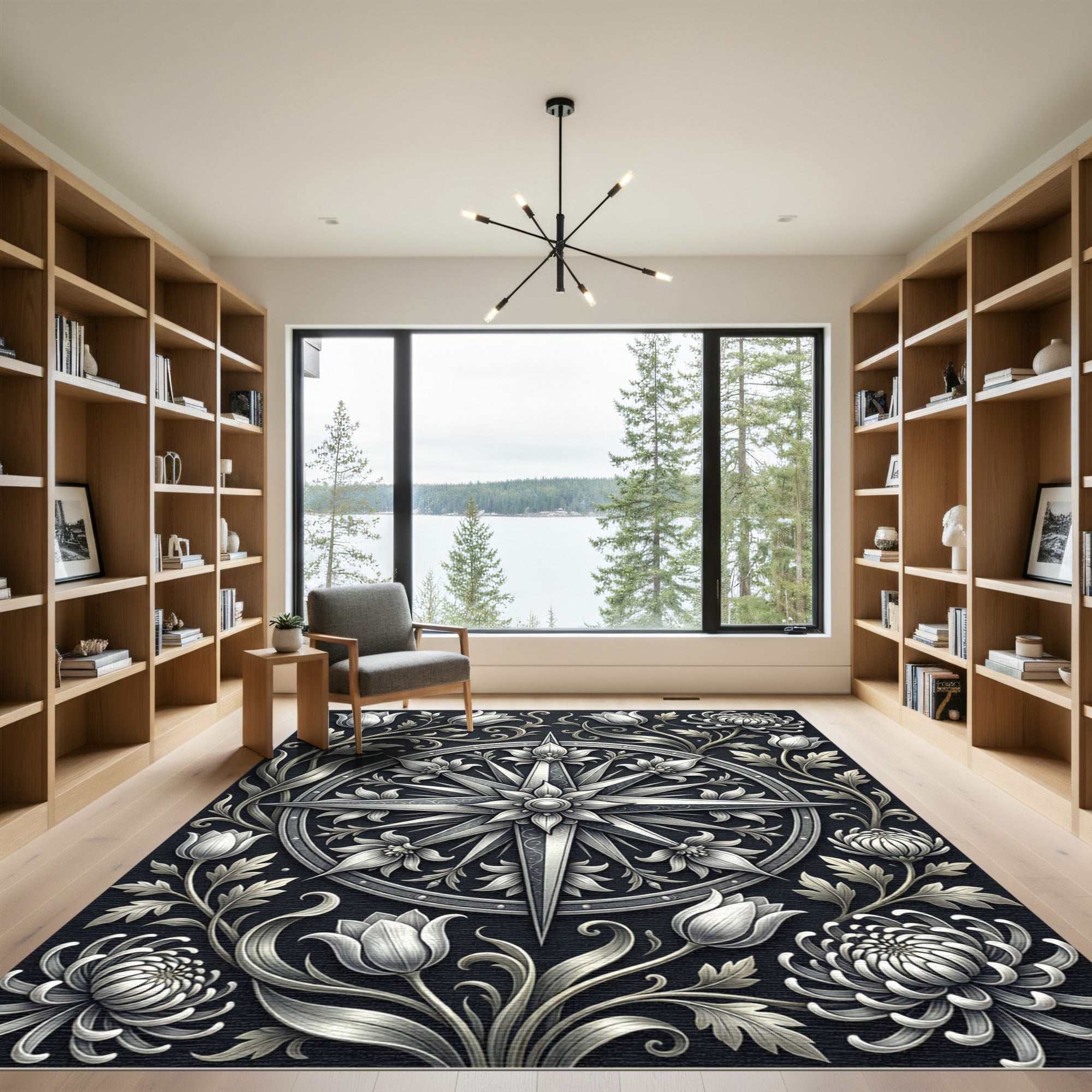 Classic Silver Compass Floral Embroidery Rug