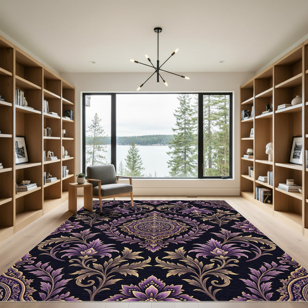 Opulent Purple Gold Ornate Damask Rug