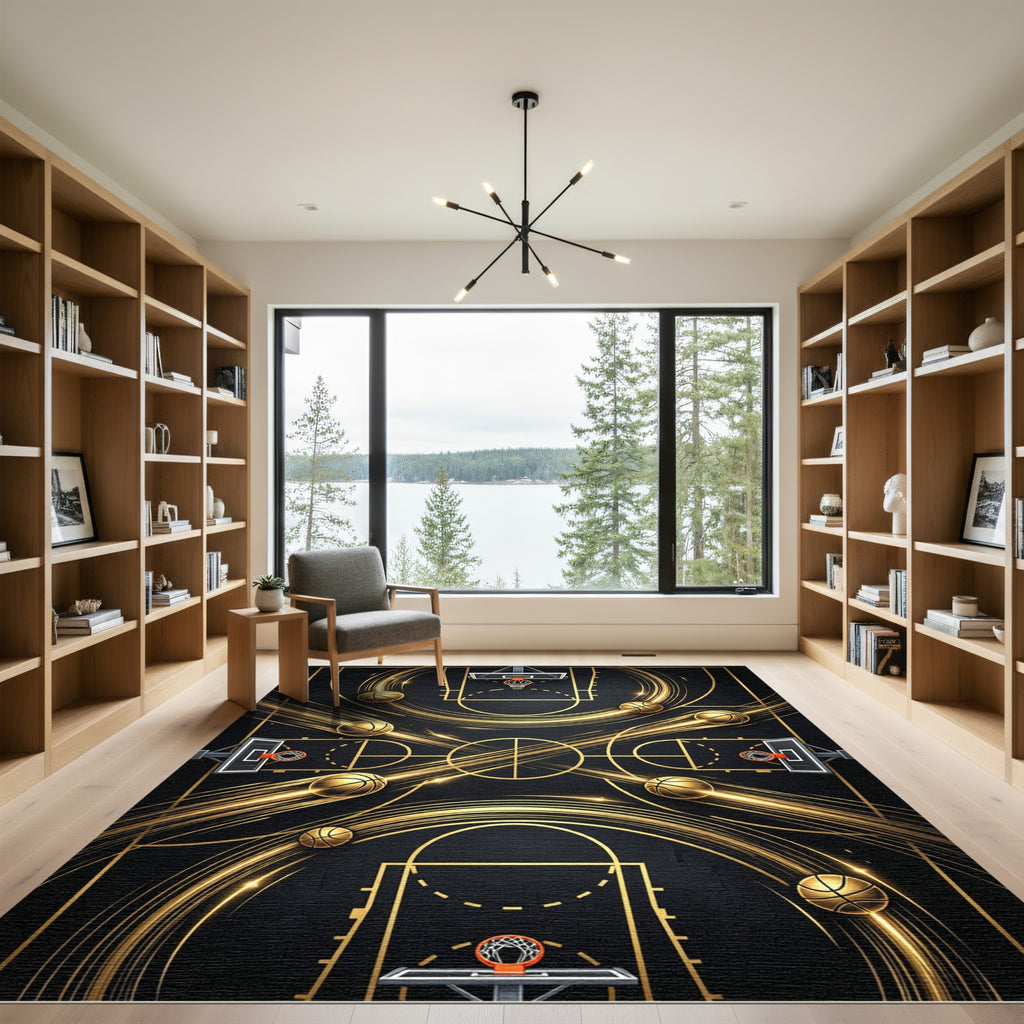Golden Basketball Court Motion Lines Rug
