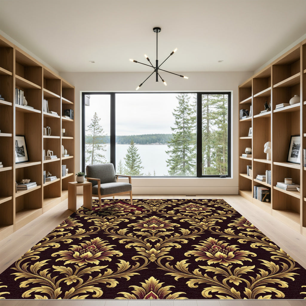 Regal Gold Crimson Damask Scrolling Rug