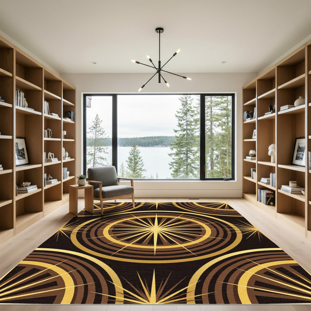Golden Brown Sunburst Geometric Rug