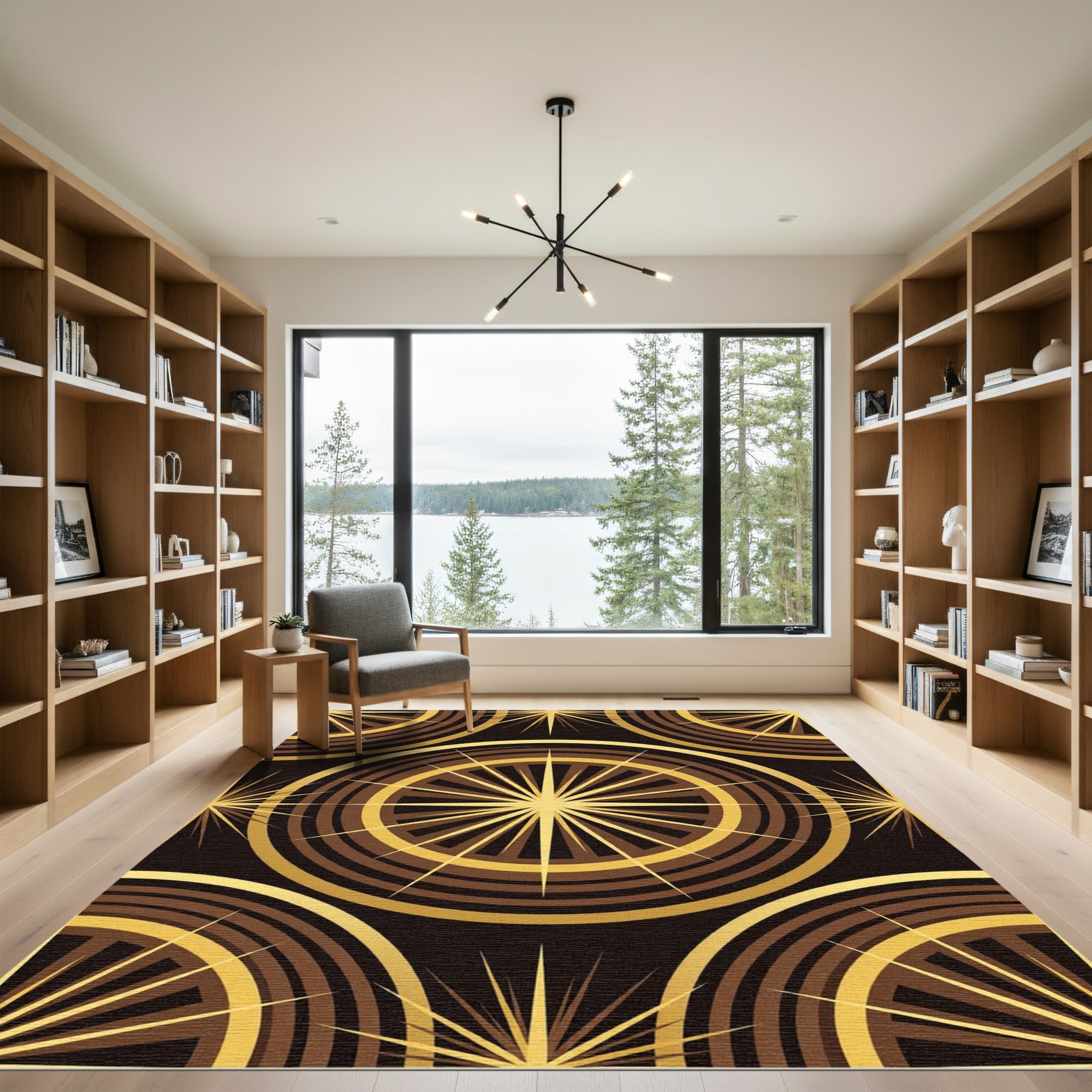 Golden Brown Sunburst Geometric Rug