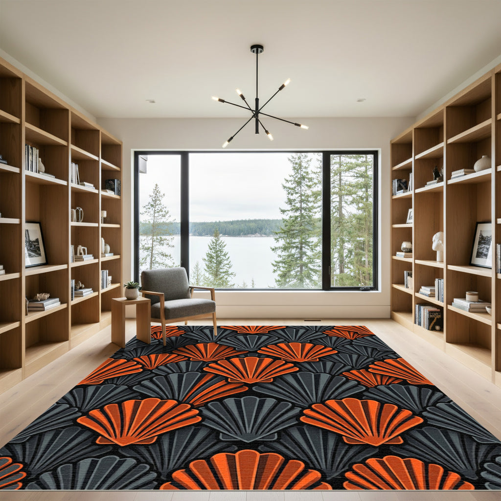 Orange Gray Scallop Shell Overlay Rug