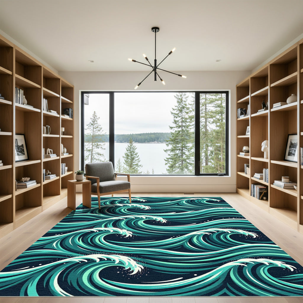 Oceanic Teal Abstract Swirling Wave Rug
