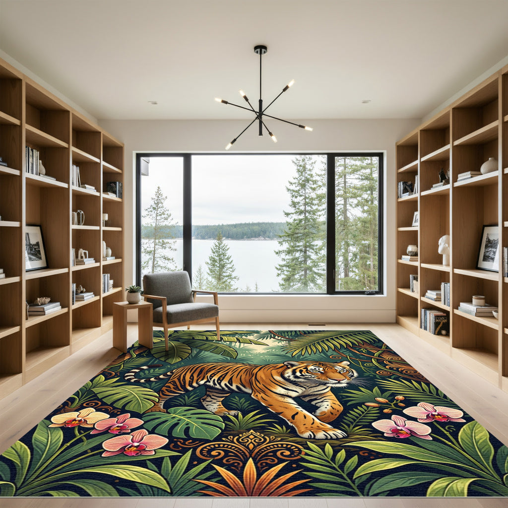Majestic Tiger Amidst Tropical Lush Foliage Rug
