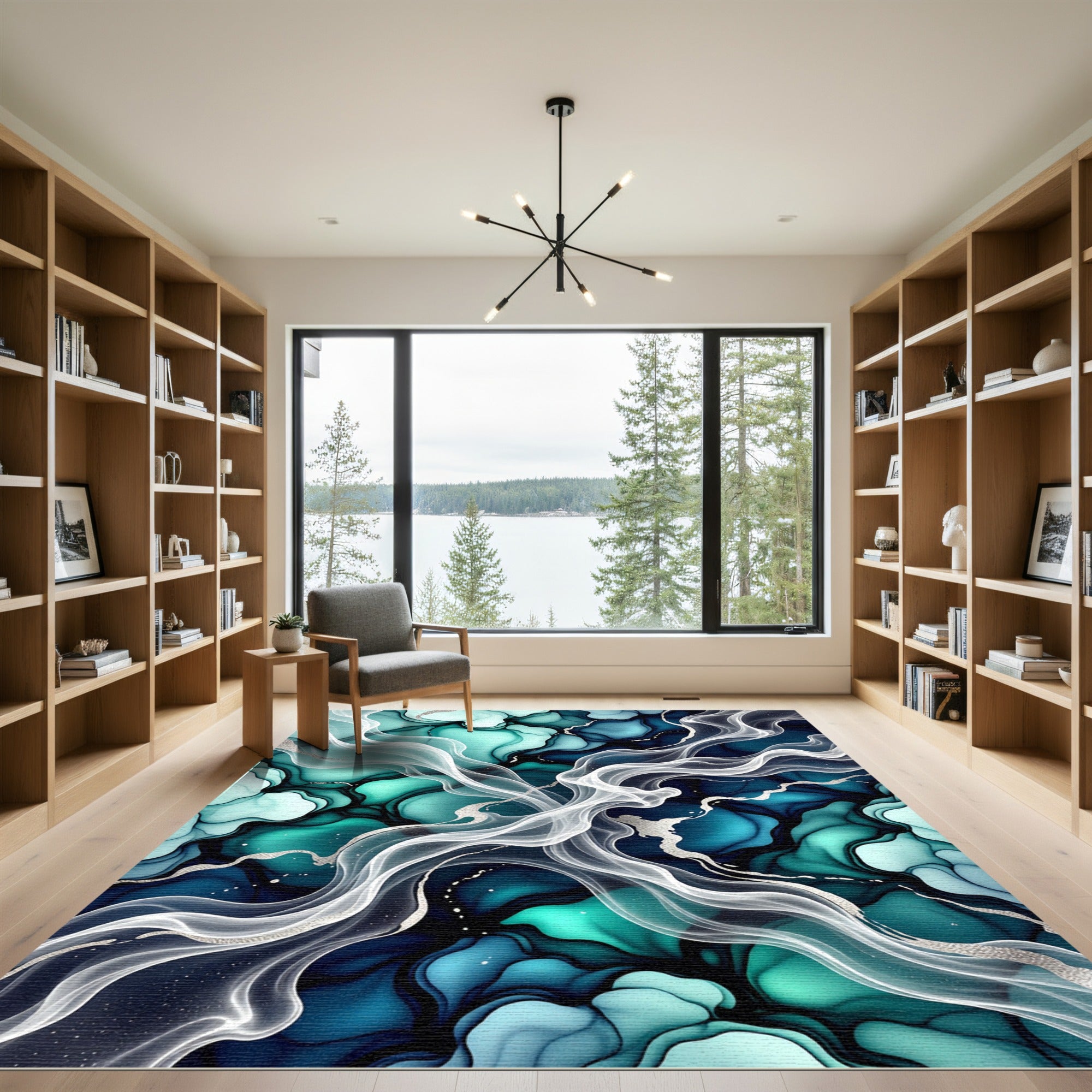 Deep Teal Swirl Abstract Fluid Art Rug