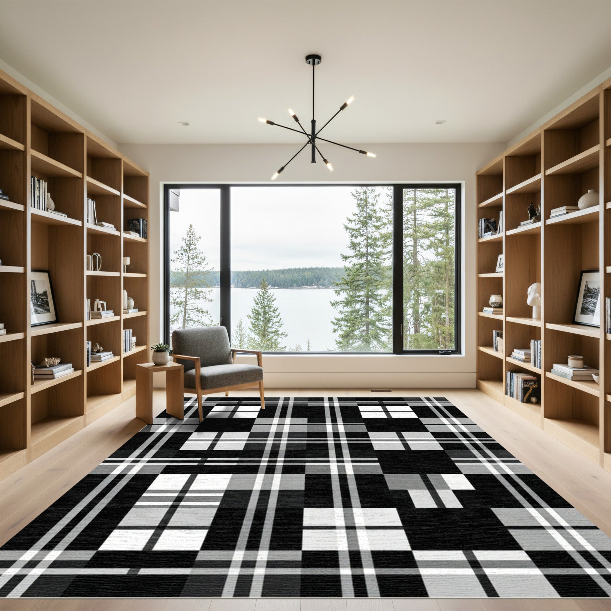 Bold Monochrome Plaid Checkered Square Rug