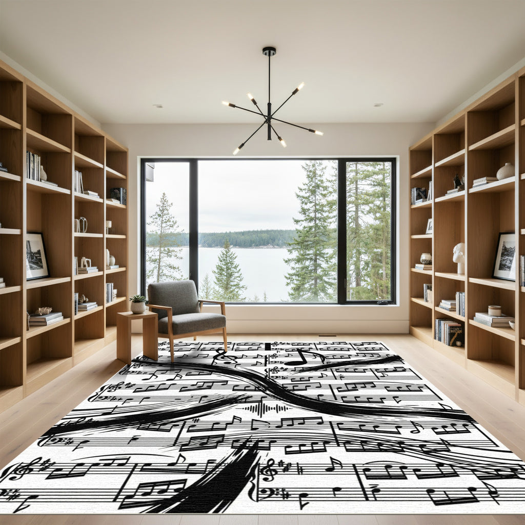 Black and White Sheet Music Swirl Rug