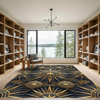 Celestial Gold and Obsidian Geometric Sun Rug