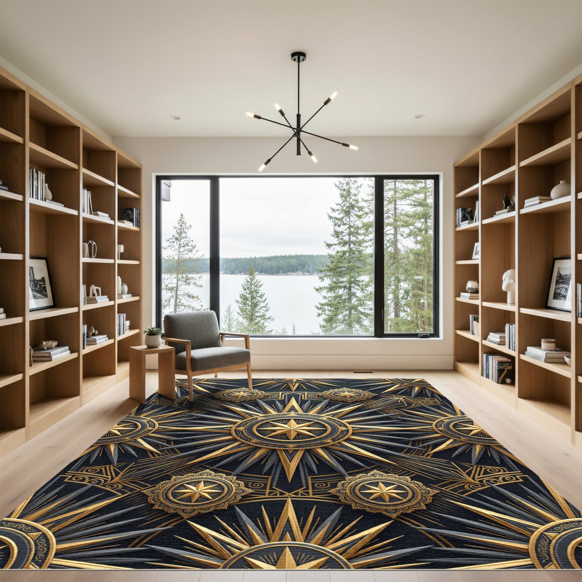 Celestial Gold and Obsidian Geometric Sun Rug