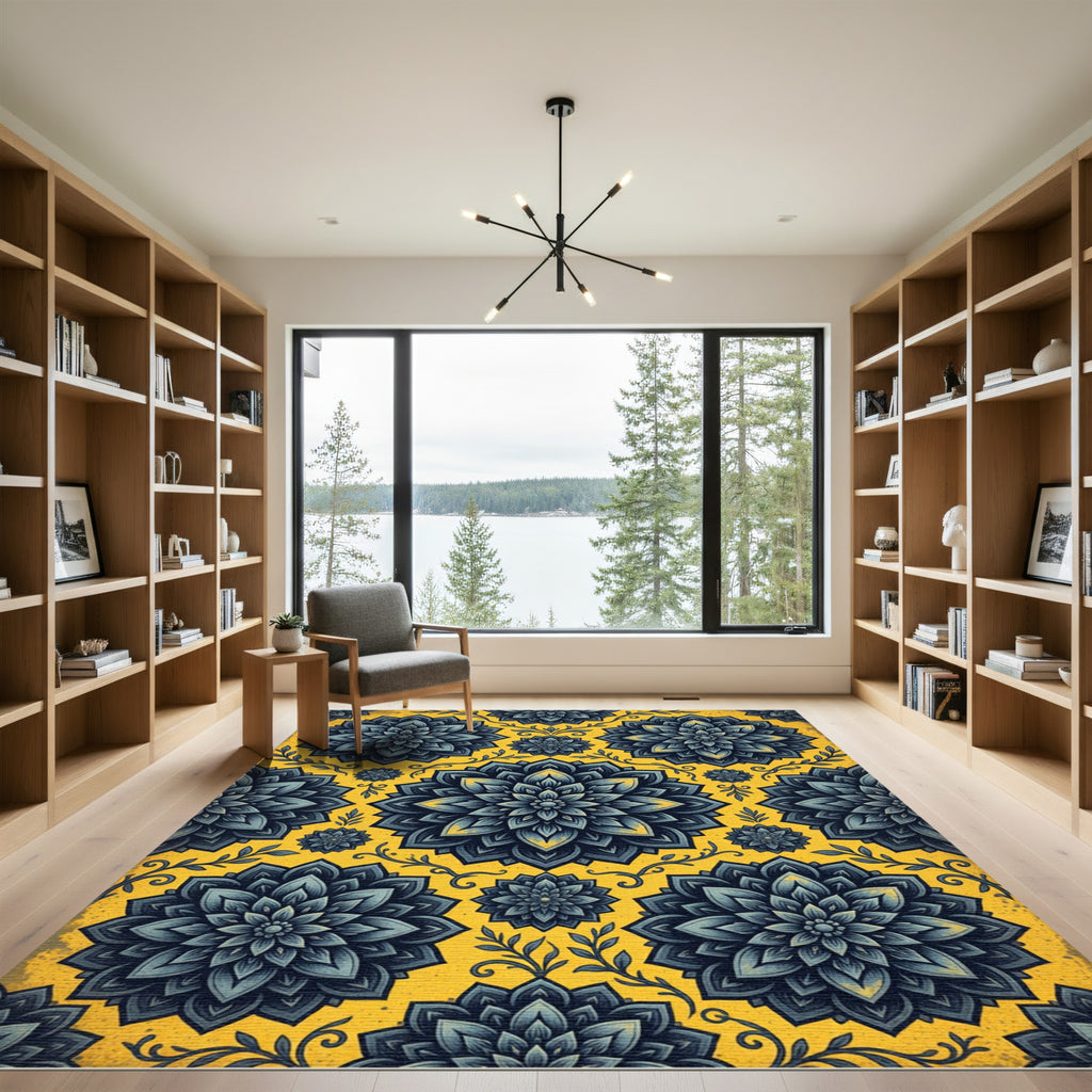 Dark Blue Floral Medallion Aged Saffron Rug