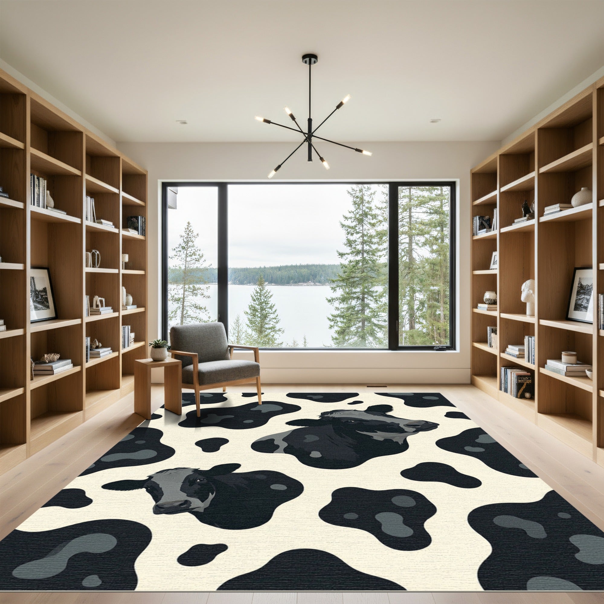 Whimsical Black and White Cow Illustration Rug