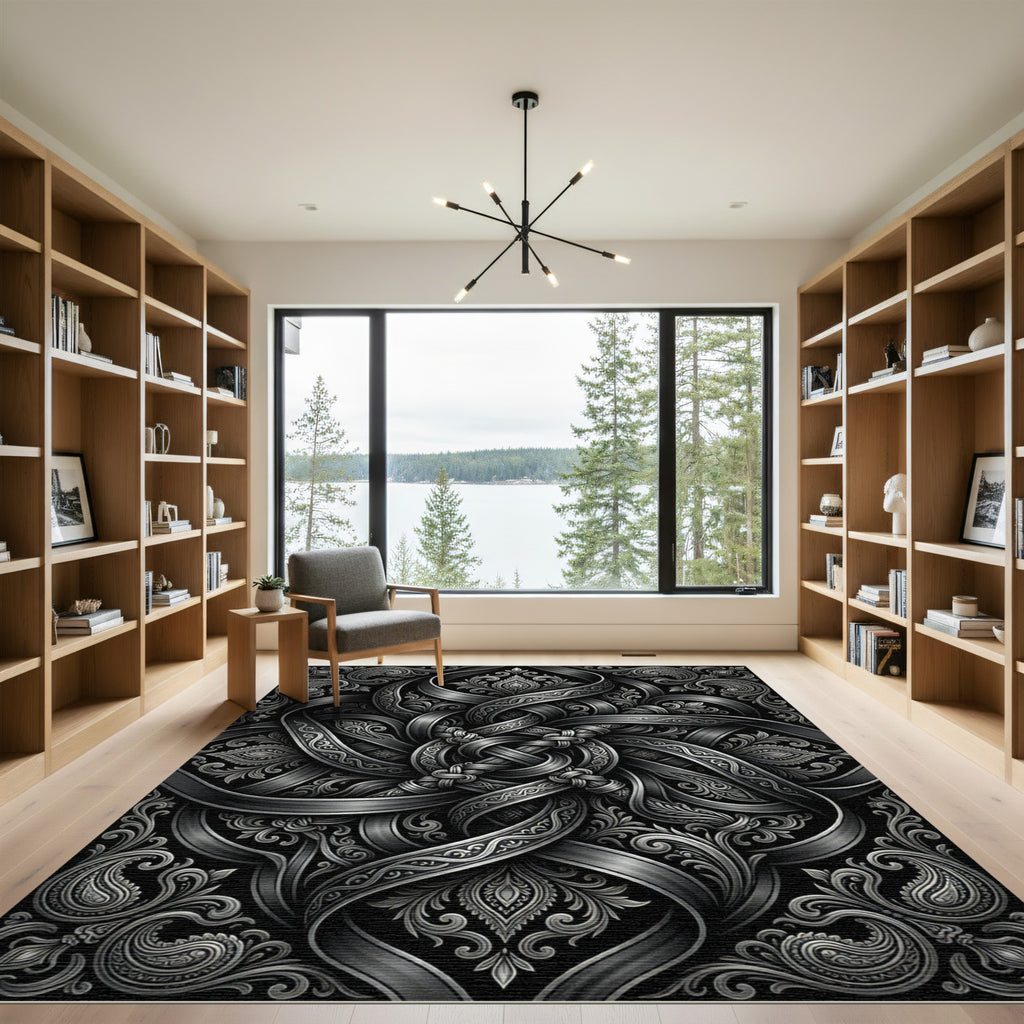 Monochromatic Silver Intricate Paisley Knot Rug