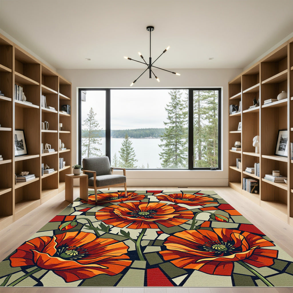 Orange Poppy Stained Glass Floral Rug