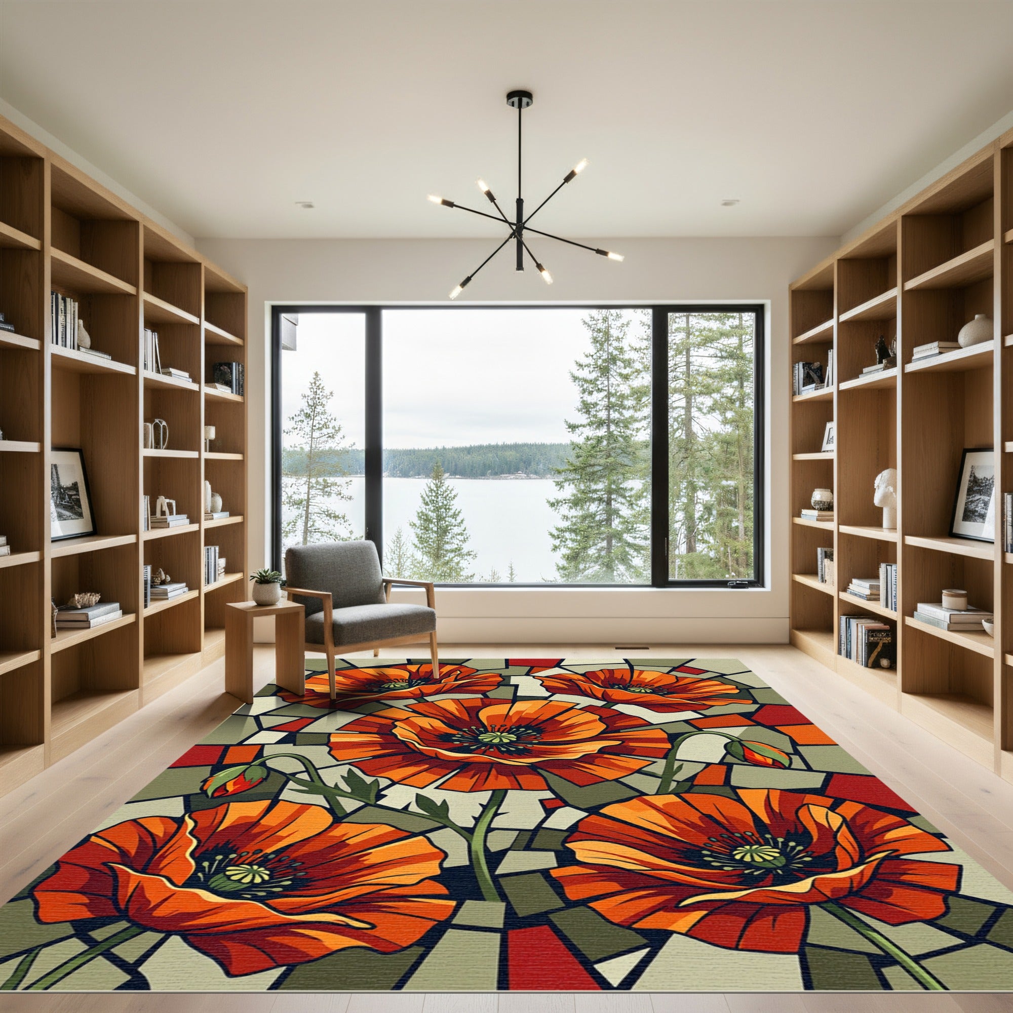 Orange Poppy Stained Glass Floral Rug
