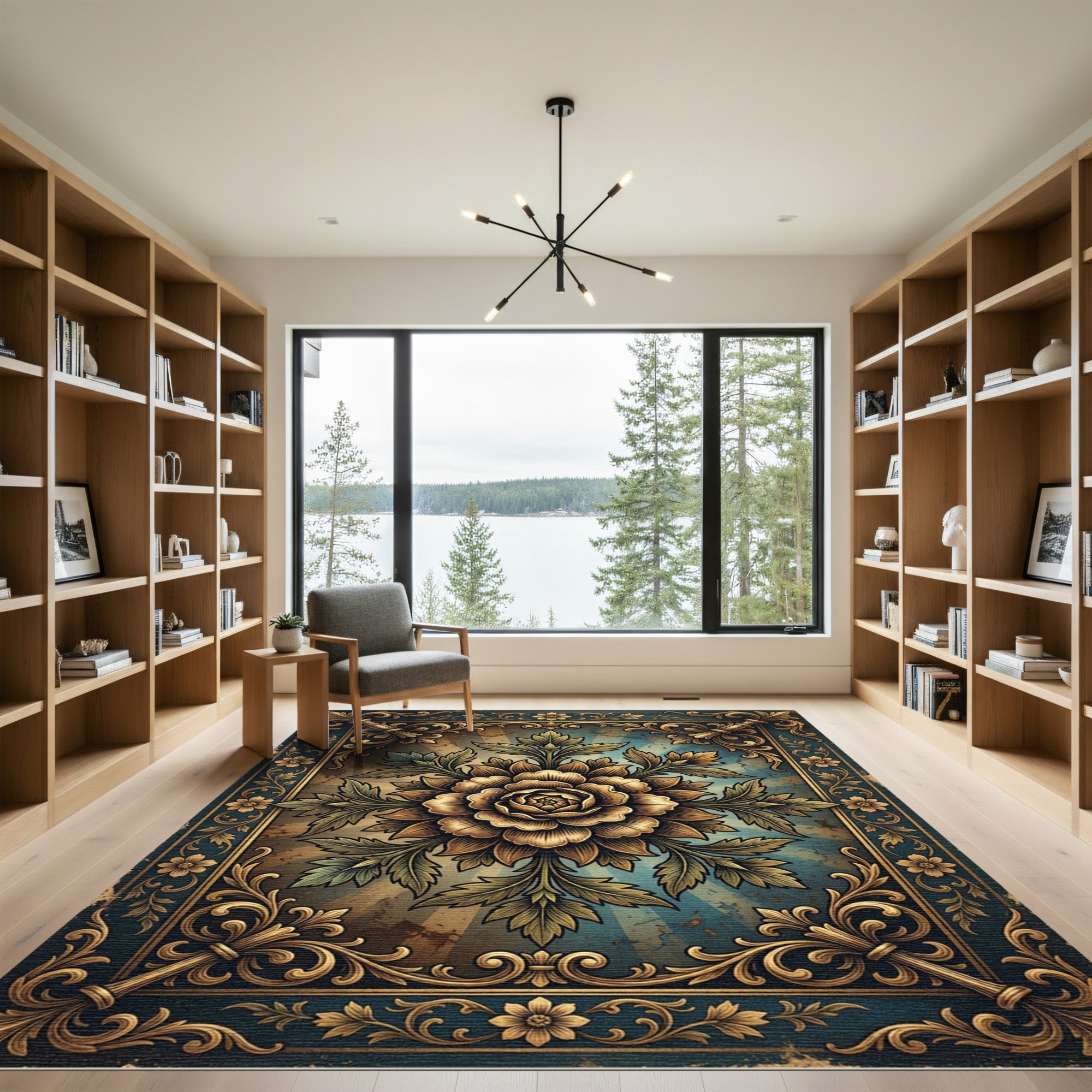 Ornate Golden Floral Damask Teal Backdrop Rug